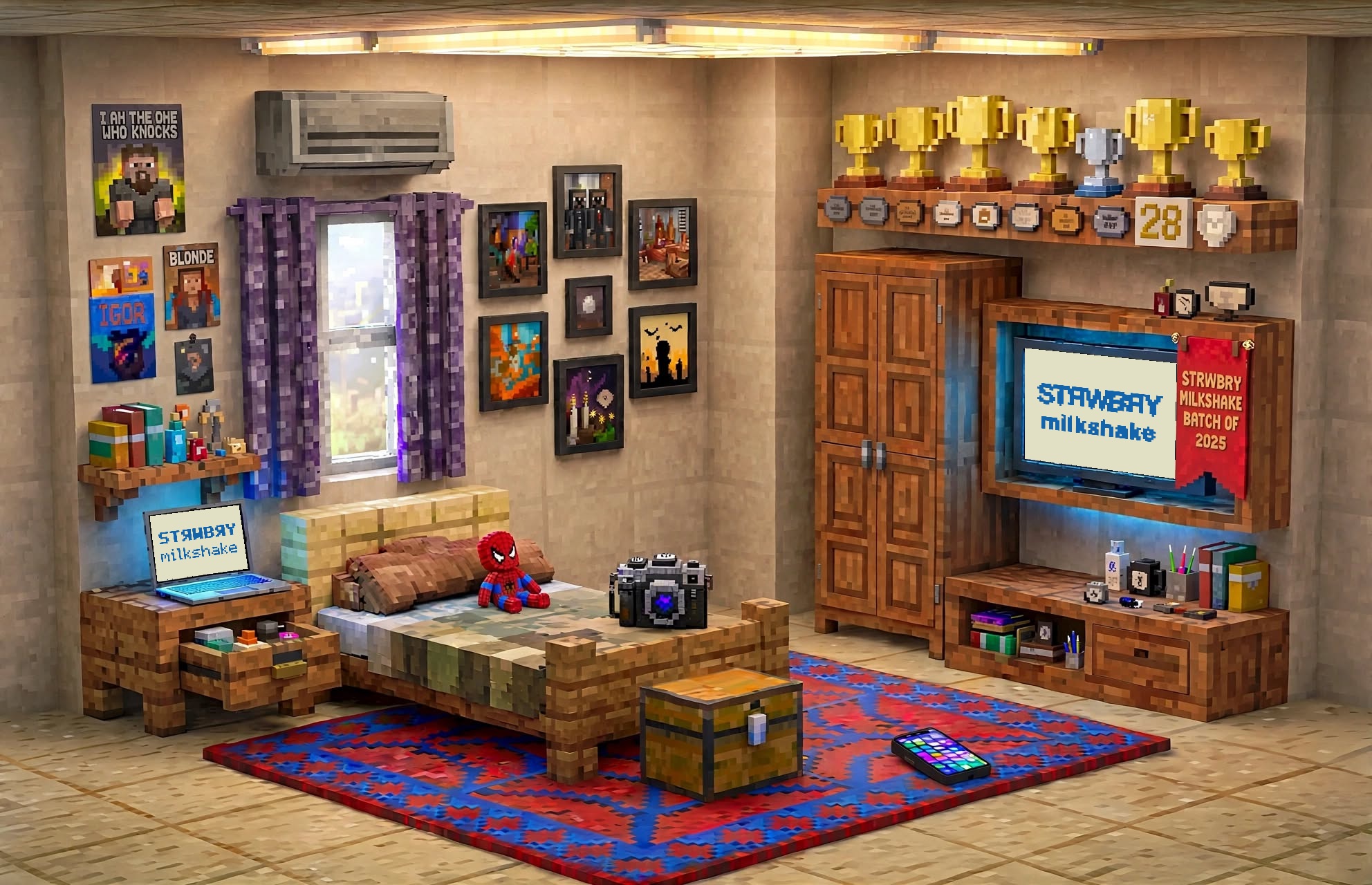 A cosy Minecraft-style bedroom with a TV, laptop, camera, phone, bookshelf and chest